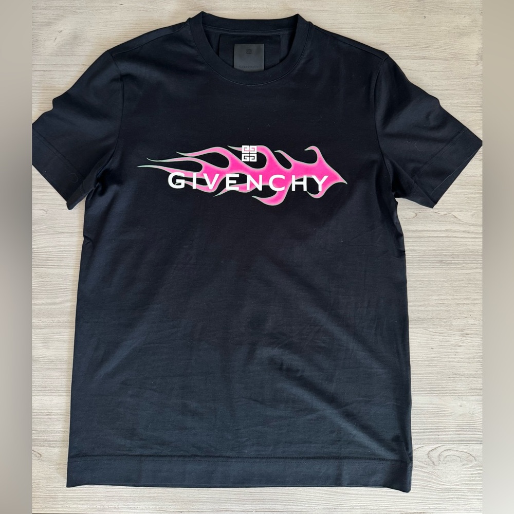 Givenchy Black Tee with Pink Flame Design